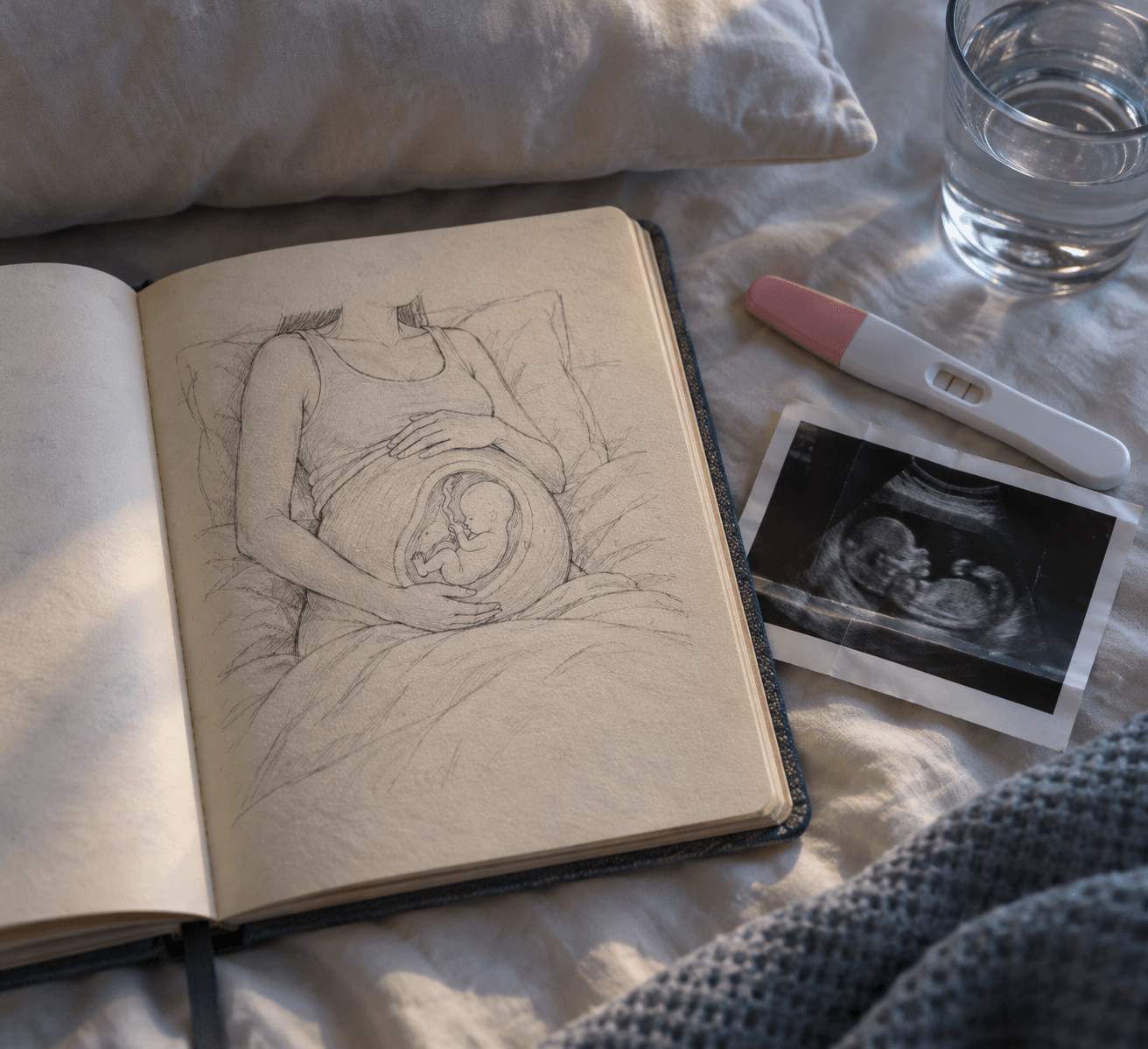 Open journal illustrates a pregnant figure with baby in womb, beside a pregnancy test and ultrasound print, reflecting dream symbolism pregnancy.