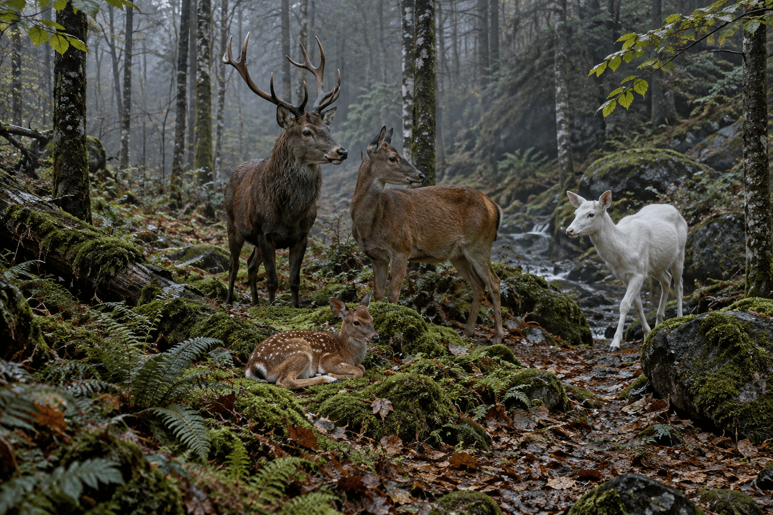 Four deer—a stag, doe, spotted fawn, and white deer—gather in a misty woodland clearing, evoking deer dream meaning.