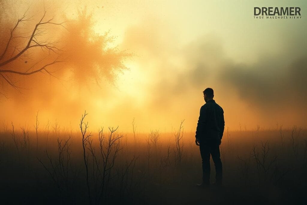 A barren, twilight landscape shrouded in mist, a solitary figure standing amidst a field of fading, ghostly dreams. Soft, golden light filters through the haze, casting an ethereal glow on the scene. The figure's posture is one of contemplation, their face obscured, as they gaze upon the fragmented memories that drift past, slipping through their fingers. The background is a swirling, abstract blend of shattered hopes and faded aspirations, reflecting the psychological turmoil and sense of loss. Subtle textures and subdued hues evoke a melancholic, introspective mood, inviting the viewer to ponder the deeper meaning behind dreams that have been left behind.