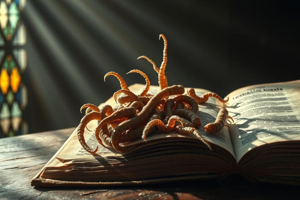 A biblical depiction of maggots, crawling and writhing within an ancient tome, its pages yellowed and worn. Beams of ethereal light filter through stained glass, casting an otherworldly glow upon the scene. Shadows lengthen, adding depth and mystery. The maggots, symbolic of decay and spiritual impurity, emerge from the scriptures, a vivid representation of the dark forces that can consume the soul. The composition evokes a sense of unease and the weight of religious contemplation. Rendered in a somber, reverent palette, this image captures the profound implications of dreaming about maggots within a biblical context.