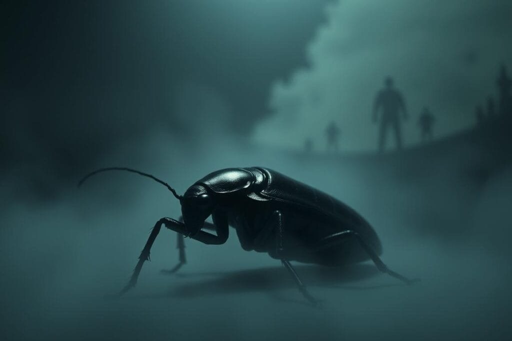 A black cockroach, its glossy carapace glistening under a dim, moody light, occupies the foreground of the dream-like scene. Casting an ominous presence, the cockroach appears larger than life, its compound eyes reflecting the surrounding shadows. The middle ground is shrouded in a hazy, indistinct fog, creating a sense of mystery and uncertainty. In the background, a surreal, abstract landscape emerges, with ghostly forms and disjointed shapes, suggesting the subconscious nature of the dream. The overall atmosphere is one of unease and foreboding, reflecting the symbolic significance of the black cockroach as a harbinger of change, transformation, or even deep-rooted fears.