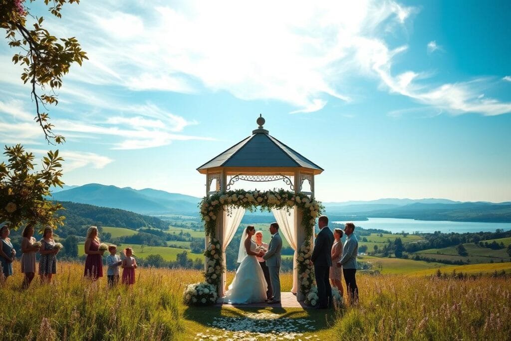A breathtaking wedding scene unfolds in a sun-dappled meadow, with a picturesque gazebo as the centerpiece. Soft, romantic lighting casts a dreamy glow, as a couple in elegant attire exchange vows, surrounded by a bouquet-laden arch and a throng of joyful guests. In the distance, rolling hills and a serene lake create a serene, pastoral backdrop. Overhead, wispy clouds drift across a azure sky, while gentle breezes caress the lush, verdant landscape. The atmosphere is one of pure bliss, a vision of the perfect wedding day fantasy.