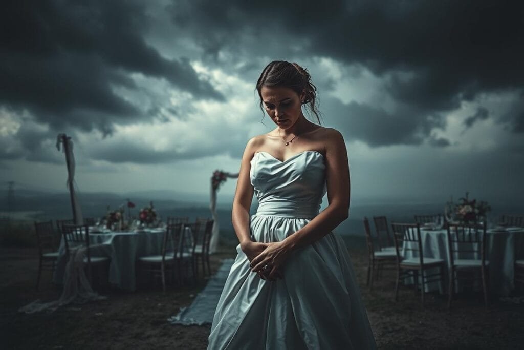 A bride stands alone, her expression one of distress and uncertainty, as wedding decorations and a cloudy, ominous sky loom around her. The foreground is tense and unsettling, with the bride's hands clasped tightly, her gown crumpling. The middle ground features an abandoned, unfinished wedding scene - half-set tables, wilting flowers, and a hazy, foreboding atmosphere. In the background, the horizon is obscured by thunderclouds, evoking a sense of impending dread. Dramatic chiaroscuro lighting casts deep shadows, adding to the overall mood of unease and foreboding. This is a haunting, surreal representation of a stressful wedding dream.