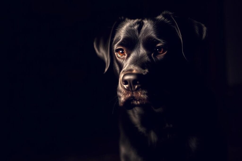 A contemplative black dog sits in a dimly lit, shadowy environment, its gaze conveying both self-doubt and quiet confidence. Soft, warm lighting illuminates the dog's fur, creating a sense of introspection and inner struggle. The background is blurred, drawing the viewer's focus to the dog's expressive eyes and pensive expression. The dog appears to be a symbol of the duality of the human psyche, representing the contrast between uncertainty and self-assurance. The image evokes a sense of emotional depth, inviting the viewer to reflect on the complexities of the human experience.