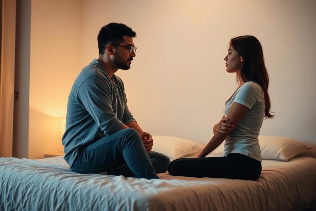 A couple sitting on the edge of a bed, facing each other, having an earnest conversation. Soft, warm lighting illuminates their faces, creating an intimate atmosphere. The woman's expression is a mix of hesitation and vulnerability as she shares her dream with her partner, who listens intently, his body language conveying empathy and understanding. The room is sparsely furnished, with neutral tones and minimal distractions, keeping the focus on the emotional connection between the two individuals.