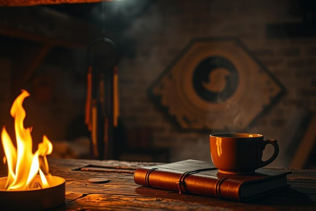 A cozy fireside setting illuminated by warm, flickering flames. In the foreground, a leather-bound journal and a cup of steaming tea, suggesting introspection and interpretation. The middle ground features a dreamcatcher suspended from a rustic wooden beam, its intricate web symbolizing the interconnectedness of dreams and reality. The background is a hazy, smoke-filled room, evoking the mystical and transformative nature of fire dreams. Soft, golden lighting casts a contemplative mood, inviting the viewer to ponder the meaning of these vivid, fiery visions.
