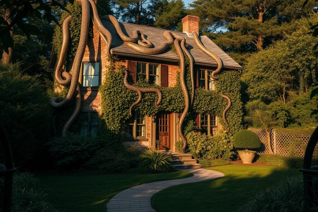 A cozy two-story house nestled in a lush, overgrown garden, with a winding path leading to the front door. The exterior is weathered and covered in ivy, giving it a timeworn, mysterious charm. Snakes of various sizes and colors slither across the roof, down the walls, and around the foundation, creating a mesmerizing interplay of scales and shadows. The scene is bathed in a warm, golden light, casting long, sinuous shadows that seem to bring the snakes to life. The overall mood is one of ancient, unsettling tranquility, inviting the viewer to ponder the symbolic significance of these reptilian residents.
