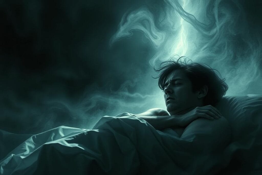 A dark and mysterious dreamscape, where the subconscious takes center stage. In the foreground, a figure tossing and turning, their face contorted with fear, as they struggle against a shadowy presence looming over them. The background is a swirling, abstract landscape, filled with ethereal shapes and hues that evoke the enigmatic nature of the human psyche. Soft, moody lighting casts dramatic shadows, creating a sense of unease and psychological tension. The overall composition suggests the profound, often unsettling, significance of our dreams and their role in shaping our inner lives.