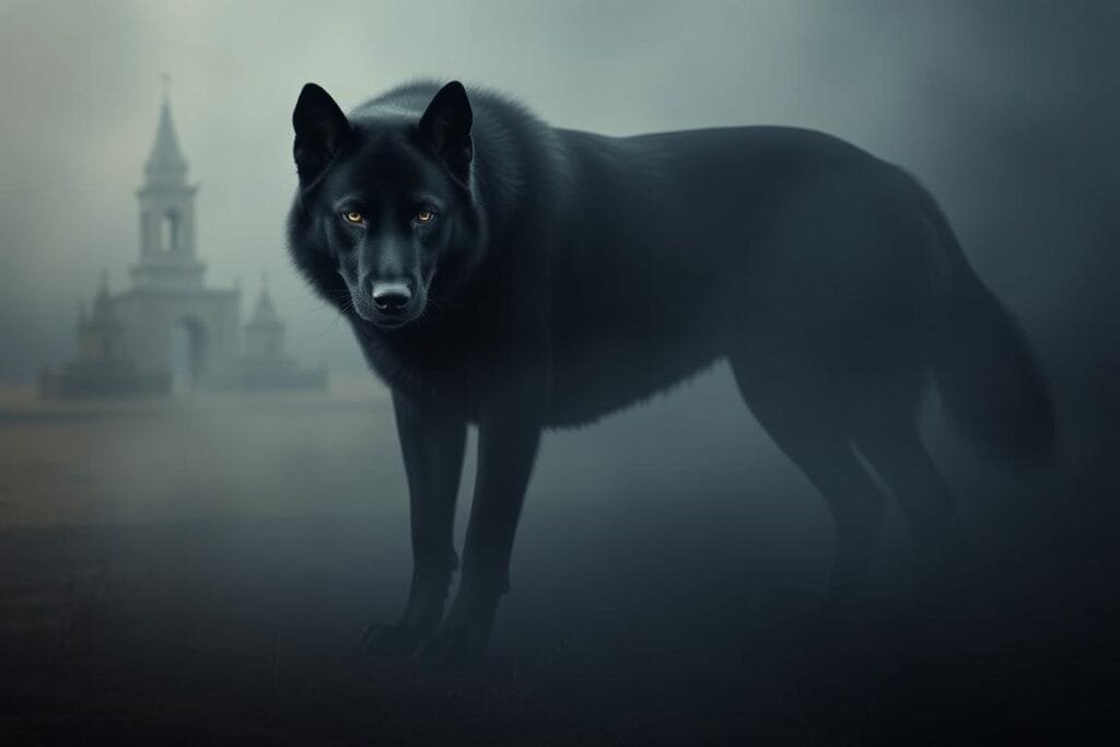 A dark, moody dream world where a large, ebony-furred canine stands vigilant, its piercing gaze fixed upon the viewer. Soft, diffused lighting casts an ethereal glow, highlighting the dog's powerful frame and intense expression. The background is a hazy, dreamlike landscape, with muted colors and a sense of mystery. Shadows linger, creating a contemplative, introspective atmosphere. The composition draws the eye to the central focus - the black dog, a symbol of protection, intuition, and the subconscious. Subtle textures and details add depth and realism to the scene, inviting the viewer to ponder the hidden meanings within this symbolic dream imagery.