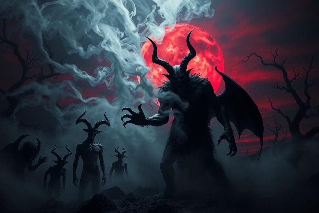 A dark, moody scene depicting the symbolism of various demons. In the foreground, a demonic figure with horns, sharp teeth, and clawed hands emerges from a swirling, ethereal mist. Surrounding it, smaller demonic entities, each with unique features and expressions, representing the different types of demons and their associated meanings. The middle ground is shrouded in a deep, shadowy atmosphere, while the background features a surreal, otherworldly landscape, with ominous, twisted trees and a foreboding, crimson sky. Dramatic chiaroscuro lighting casts dramatic shadows, heightening the sense of mystery and unease. The overall mood is one of foreboding, power, and the unseen forces that lurk in the shadows of the human psyche.