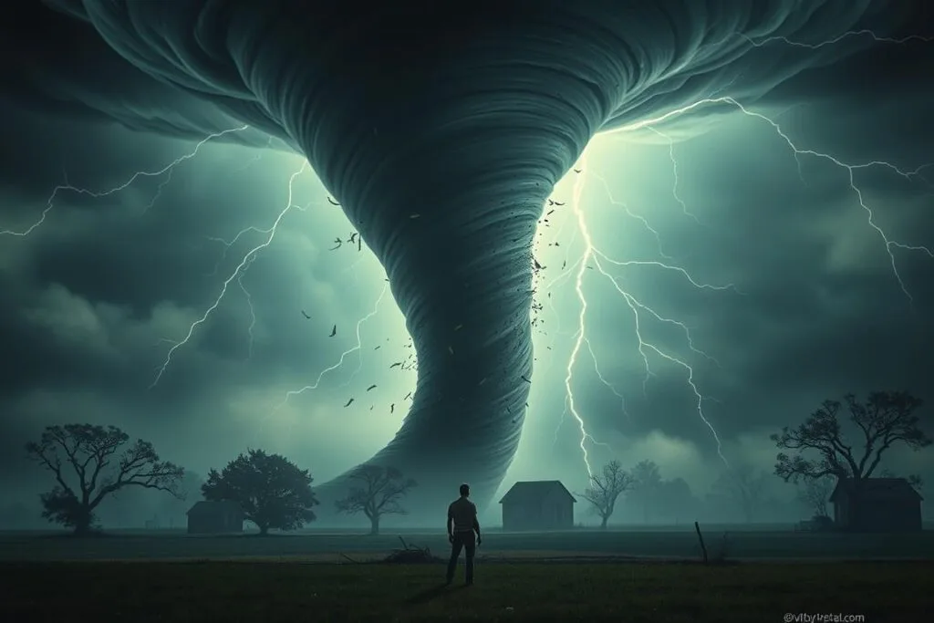 A dark, swirling vortex of wind and debris fills the sky, casting an ominous shadow over a tranquil countryside. In the foreground, a lone figure stands, mesmerized by the hypnotic dance of the tornado, their expression a mix of awe and trepidation. The mid-ground is a blur of twisting trees and shattered structures, as the tornado's power tears through the landscape. The background is a hazy, turbulent sky, lit by flashes of lightning that illuminate the scene with an eerie, ethereal glow. The mood is one of unease and foreboding, as the viewer is drawn into the surreal and unsettling world of a recurring tornado dream. A dark, swirling vortex of wind and debris fills the sky, casting an ominous shadow over a tranquil countryside. In the foreground, a lone figure stands, mesmerized by the hypnotic dance of the tornado, their expression a mix of awe and trepidation. The mid-ground is a blur of twisting trees and shattered structures, as the tornado's power tears through the landscape. The background is a hazy, turbulent sky, lit by flashes of lightning that illuminate the scene with an eerie, ethereal glow. The mood is one of unease and foreboding, as the viewer is drawn into the surreal and unsettling world of a recurring tornado dream.