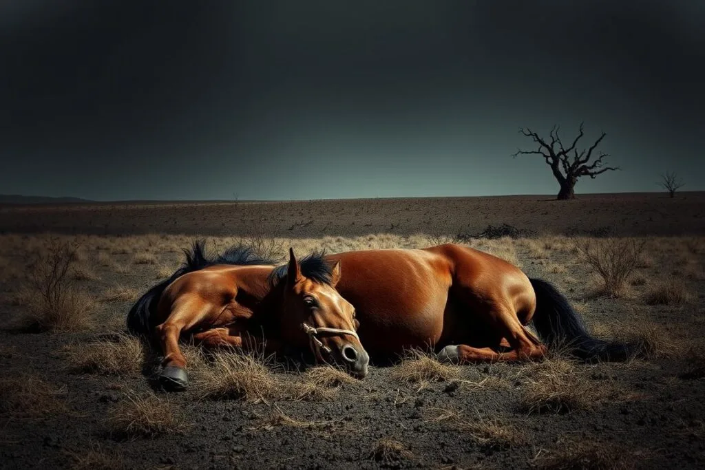 A desolate, windswept landscape, where a once-majestic horse lies lifeless, its body a symbol of the fragility of life. The scene is bathed in a somber, muted palette, with deep shadows casting a melancholic atmosphere. In the foreground, the horse's eyes are closed, its mane and tail scattered in the light breeze, conveying a sense of peaceful rest amidst the stillness. The middle ground features a sparse, barren terrain, a visual metaphor for the loss and grief that accompanies the death of a beloved animal. In the distance, a lone, gnarled tree stands, its twisted branches reaching skyward, as if in a silent lament. The overall mood is one of contemplation and profound sorrow, a visual representation of the deeper symbolic meaning behind the dream of a dead horse.