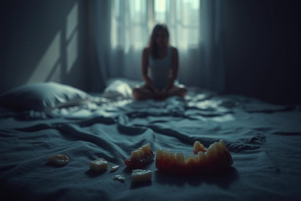 A dimly lit bedroom, shadows cast across a crumpled bedsheet, a single tear-stained pillow. In the foreground, a fragmented set of teeth - some broken, some lost, symbolizing the pain of personal grief. The middle ground depicts a figure, obscured in hazy, desaturated tones, their body language conveying a sense of anguish and despair. The background fades into a dreamlike void, a metaphor for the subconscious mind grappling with loss. Soft, muted lighting casts a melancholic glow, while a shallow depth of field isolates the central elements, reinforcing the introspective, emotional tone. This scene evokes the bittersweet vulnerability of processing grief and mourning in the liminal space of dreams.