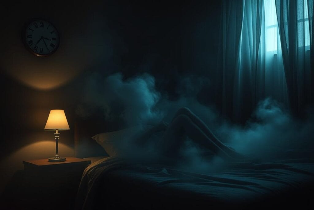 A dimly lit bedroom, soft shadows cast by a single bedside lamp. A figure rests peacefully, lost in the depths of a dream. Mist-like tendrils of imagination swirl around, offering glimpses into the subconscious. Symbols and archetypes materializing from the ether - a clock frozen in time, a shadowy figure in the distance, a curtain rustling with unseen forces. The atmosphere is pensive, inviting the viewer to ponder the hidden meanings lying dormant within the mind. Cinematic in quality, the scene evokes a sense of mystery and introspection, hinting at the complex world of dream interpretation.