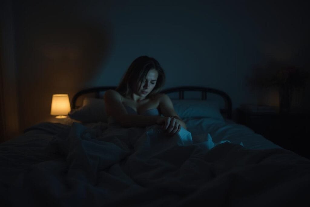 A dimly lit bedroom, the air thick with tension. In the foreground, a couple locked in an embrace, one partner's face contorted in anguish, the other's filled with guilt. Shadows cast across the rumpled sheets, creating a palpable sense of unease. In the middle ground, a smartphone screen flickers, messages hinting at betrayal. The background fades into a blurred, dreamlike state, evoking the subconscious nature of the scene. Soft, muted tones predominate, with splashes of color in the bedroom decor suggesting a once-vibrant relationship now tainted. The overall mood is one of disquiet, uncertainty, and the painful reality of trust betrayed.