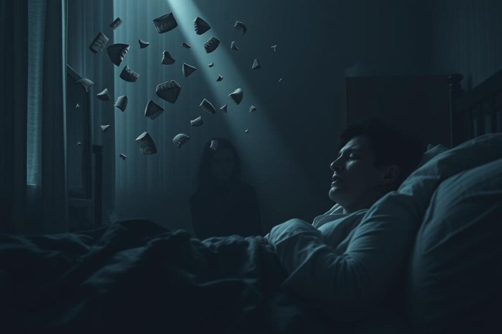 A dimly lit bedroom, the curtains drawn, casting a melancholic glow. In the foreground, a figure tossing and turning in fitful sleep, their face etched with anguish and self-doubt. Swirling, fragmented memories of shattered teeth drift through the dreamscape, symbolizing a deep sense of personal inadequacy. The middle ground reveals a shadowy, distorted mirror, reflecting a distorted, warped version of the sleeper, magnifying their perceived flaws. The background fades into a hazy, oppressive darkness, conveying the overwhelming weight of depression and low self-worth. A single ray of light cuts through the gloom, offering a glimmer of hope, but its reach remains tenuous and uncertain.