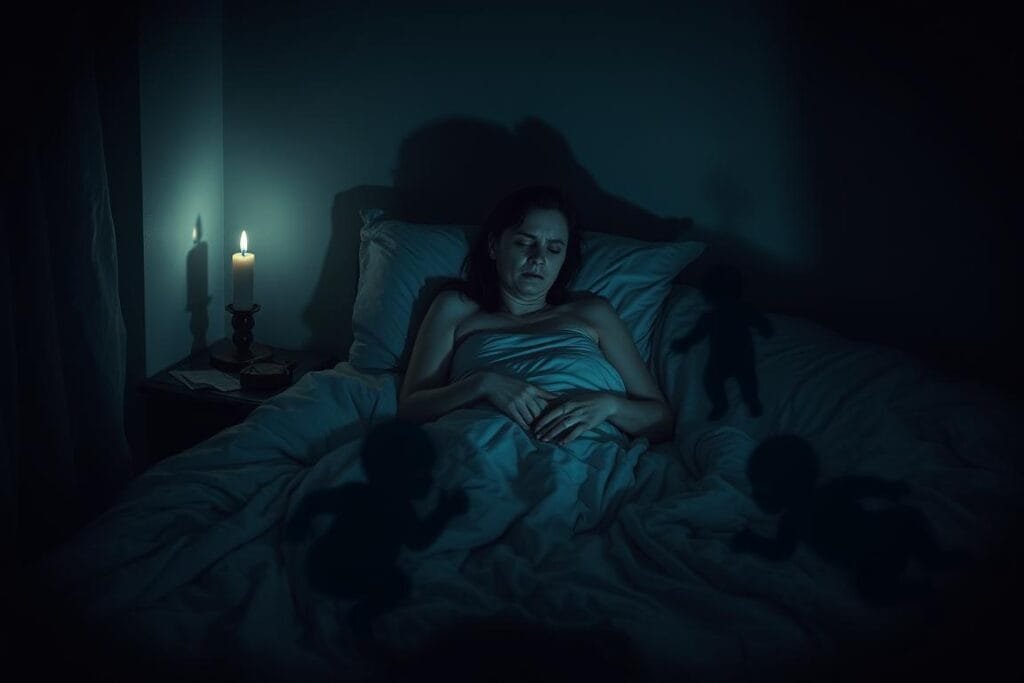 A dimly lit bedroom, the shadows cast by a single candle flickering on the walls. In the center, a woman tossing and turning in her sleep, her face etched with distress. The sheets are tangled, as if she's been thrashing about. Surrounding her, ghostly figures loom - shadowy silhouettes of infants, their tiny forms indistinct, vanishing and reappearing. The atmosphere is heavy with a sense of loss and despair, a nightmare of pregnancy that cannot be escaped.