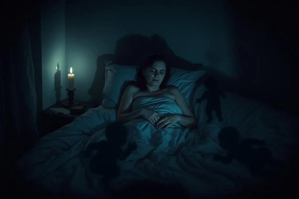 A dimly lit bedroom, the shadows cast by a single candle flickering on the walls. In the center, a woman tossing and turning in her sleep, her face etched with distress. The sheets are tangled, as if she's been thrashing about. Surrounding her, ghostly figures loom - shadowy silhouettes of infants, their tiny forms indistinct, vanishing and reappearing. The atmosphere is heavy with a sense of loss and despair, a nightmare of pregnancy that cannot be escaped. A dimly lit bedroom, the shadows cast by a single candle flickering on the walls. In the center, a woman tossing and turning in her sleep, her face etched with distress. The sheets are tangled, as if she's been thrashing about. Surrounding her, ghostly figures loom - shadowy silhouettes of infants, their tiny forms indistinct, vanishing and reappearing. The atmosphere is heavy with a sense of loss and despair, a nightmare of pregnancy that cannot be escaped.