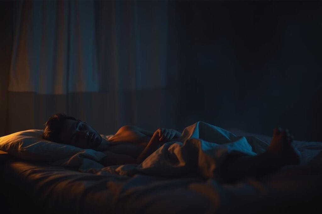 A dimly lit bedroom, the shadows casting a somber, dreamlike haze. In the foreground, a figure lies restlessly on a bed, tossing and turning, their face etched with worry. Soft, muted colors evoke a sense of melancholy, as the scene conveys the anguish of a loved one lost, their absence a haunting presence. The background is blurred, suggesting the disconnect between the dream world and reality. Warm, diffused lighting creates an intimate, introspective atmosphere, while a cool, bluish undertone hints at the chill of loneliness. The overall composition evokes a profound sense of loss and the deep, emotional turmoil that accompanies it.
