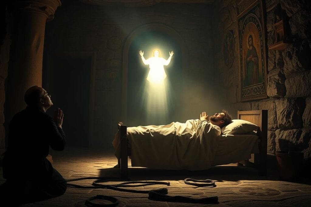 A dimly lit biblical scene, with a figure of a dead person rising from a shrouded bed, casting an ethereal glow. In the foreground, a faithful believer kneels in prayer, hands clasped, eyes wide with awe and wonder. The middle ground features a heavenly light emanating from the deceased, illuminating the room with a soft, sacred radiance. The background depicts an ancient stone chamber, with intricate religious iconography adorning the walls, suggesting a deep, spiritual context. The lighting is dramatic, creating deep shadows and highlights that convey a sense of the mystical and the divine. The overall atmosphere is one of reverence, contemplation, and a sense of the profound and the unexplainable.