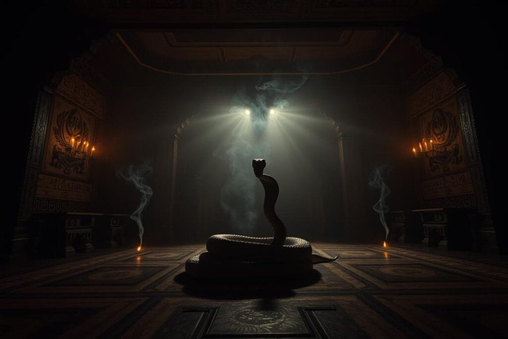 A dimly lit ceremonial chamber, ancient symbols and motifs adorn the walls. In the center, a coiled serpent sculpture casts an eerie shadow, its eyes glowing with an otherworldly glow. Wisps of incense drift through the air, creating an atmosphere of mysticism and introspection. The lighting is soft and moody, accentuating the textures and details of the space. The camera angle is low, almost at floor level, giving a sense of reverence and awe. The overall tone is one of cultural significance, highlighting the deep-rooted symbolism and meaning associated with snakes in various belief systems.