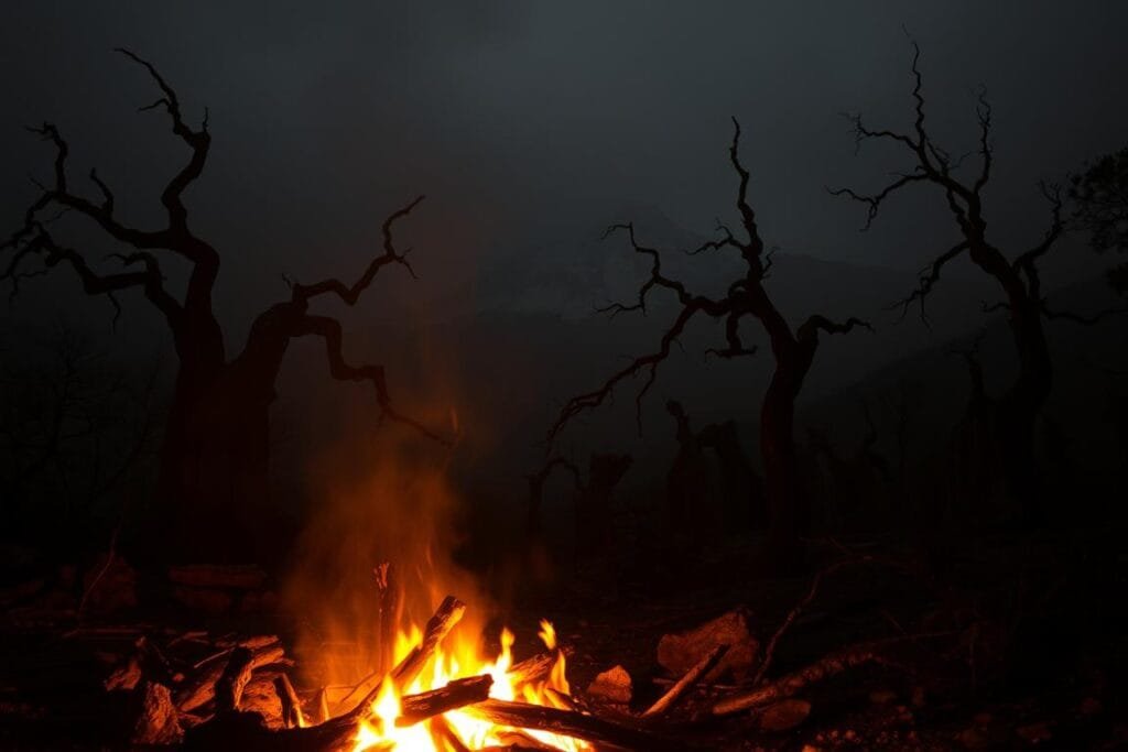A dimly lit, dreamlike landscape enveloped in a hazy, ember-tinged atmosphere. In the foreground, a smoldering campfire casts flickering shadows on the forest floor, its embers hinting at the spark of inspiration. In the middle ground, twisted, gnarled trees loom, their branches reaching skyward like spectral fingers. Farther in the distance, a towering mountain range is shrouded in a veil of smoke, alluding to the primal, elemental nature of the dream. The scene is imbued with a sense of mystery and introspection, inviting the viewer to delve deeper into the subconscious significance of the fire's dance.