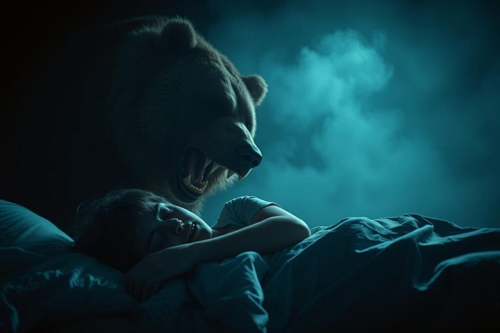 A dimly lit, dreamlike scene of a person sleeping peacefully, only to be suddenly awakened by a massive, snarling brown bear looming over them. The bear's razor-sharp claws and bared teeth dominate the foreground, casting an ominous shadow over the terrified sleeper. The middle ground is shrouded in a hazy, ethereal mist, while the background fades into a darker, more abstract realm, conveying the surreal nature of the dream. Soft, eerie lighting casts an unsettling glow, heightening the sense of dread and urgency. The lens is focused tightly on the bear's imposing presence, creating a sense of claustrophobia and imminent danger.