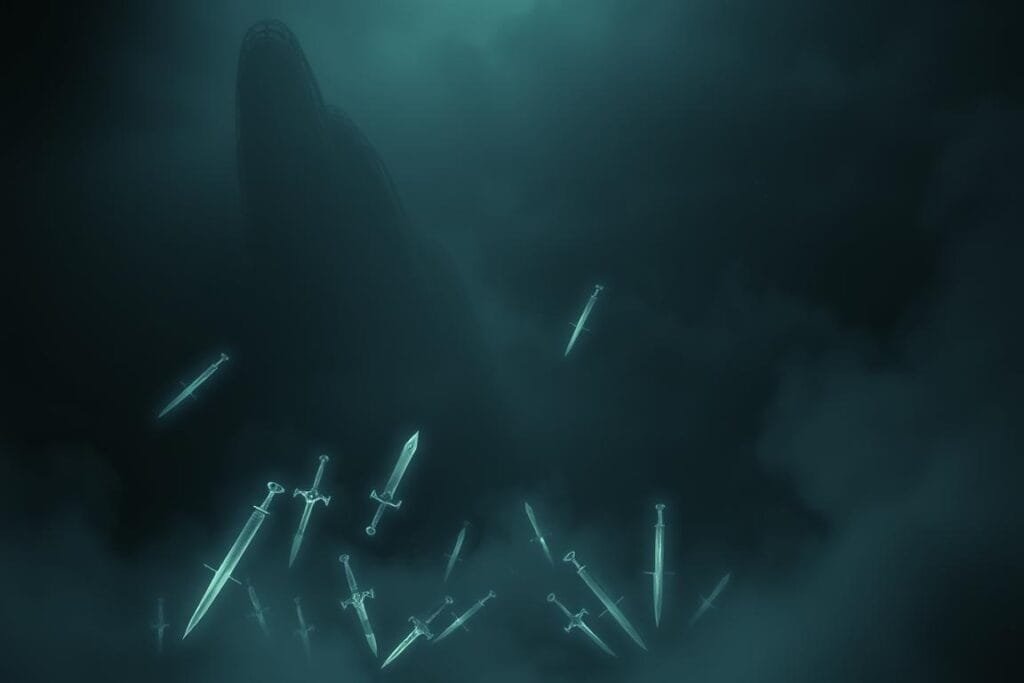 A dimly lit dreamscape, ethereal and unsettling. In the foreground, a collection of ghostly weapons - daggers, swords, and other blades - floating weightlessly, their edges gleaming with an unearthly light. The middle ground is shrouded in a hazy mist, giving the scene a sense of mystery and unease. Beyond, the background fades into a deep, inky blackness, punctuated by faint, flickering shadows that hint at unknown dangers. The overall atmosphere is one of tension and foreboding, as if the dreamer is on the cusp of a perilous encounter with the spectral armaments.