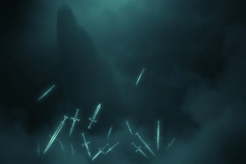 A dimly lit dreamscape, ethereal and unsettling. In the foreground, a collection of ghostly weapons - daggers, swords, and other blades - floating weightlessly, their edges gleaming with an unearthly light. The middle ground is shrouded in a hazy mist, giving the scene a sense of mystery and unease. Beyond, the background fades into a deep, inky blackness, punctuated by faint, flickering shadows that hint at unknown dangers. The overall atmosphere is one of tension and foreboding, as if the dreamer is on the cusp of a perilous encounter with the spectral armaments. A dimly lit dreamscape, ethereal and unsettling. In the foreground, a collection of ghostly weapons - daggers, swords, and other blades - floating weightlessly, their edges gleaming with an unearthly light. The middle ground is shrouded in a hazy mist, giving the scene a sense of mystery and unease. Beyond, the background fades into a deep, inky blackness, punctuated by faint, flickering shadows that hint at unknown dangers. The overall atmosphere is one of tension and foreboding, as if the dreamer is on the cusp of a perilous encounter with the spectral armaments.