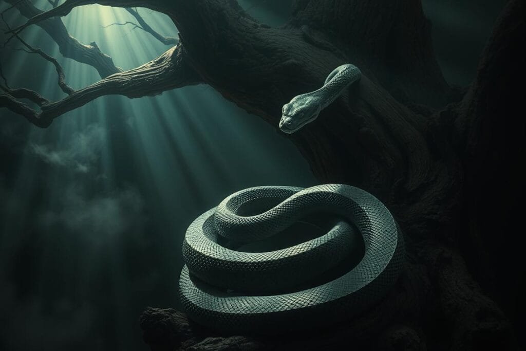 A dimly lit dreamscape featuring a coiled snake entwined around an ancient, weathered tree. The serpent's scales glisten with an otherworldly iridescence, its eyes piercing and hypnotic. In the background, wisps of mist drift between shadowy forms, lending an air of mystery and the unknown. Beams of ethereal light pierce the gloom, illuminating the symbolic significance of the snake - a representation of transformation, rebirth, and the subconscious mind. The scene evokes a sense of contemplation and the exploration of the deeper, hidden meanings that lie within our dreams.