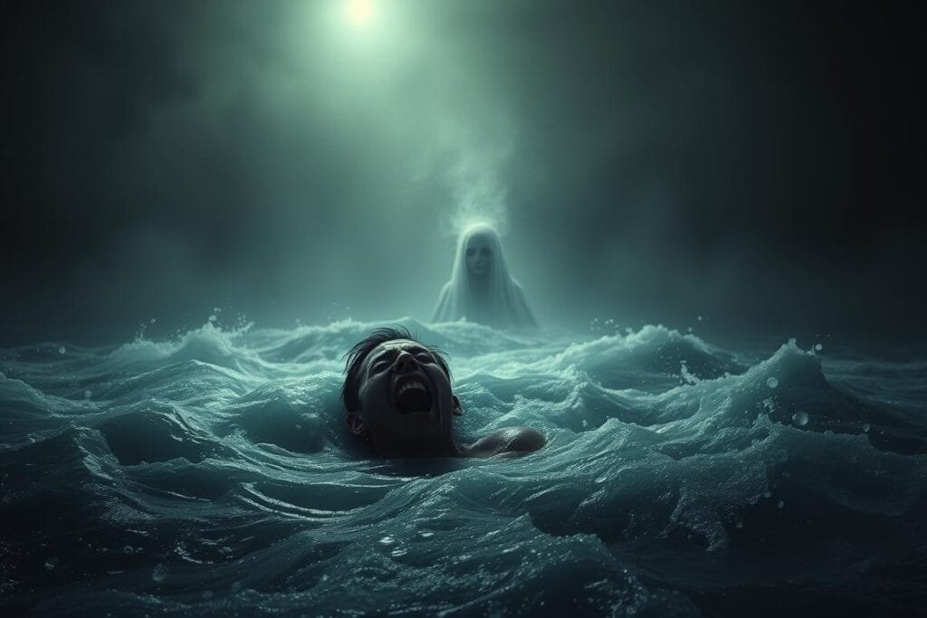 A dimly lit dreamscape shrouded in a hazy, ethereal atmosphere. In the foreground, a figure is submerged in a vast, turbulent sea, their face contorted with anguish, conveying the visceral sensation of drowning. Swirling currents and undulating waves create a sense of overwhelming pressure and suffocation. In the middle ground, amorphous, ghostly forms emerge from the depths, hinting at subconscious themes and unresolved emotions. The background is a swirling vortex of muted colors and abstract patterns, suggesting the complex, labyrinthine nature of the subconscious mind. Dramatic, low-angle lighting casts dramatic shadows, heightening the sense of tension and unease. The overall impression is one of deep psychological distress and the overwhelming power of the subconscious.