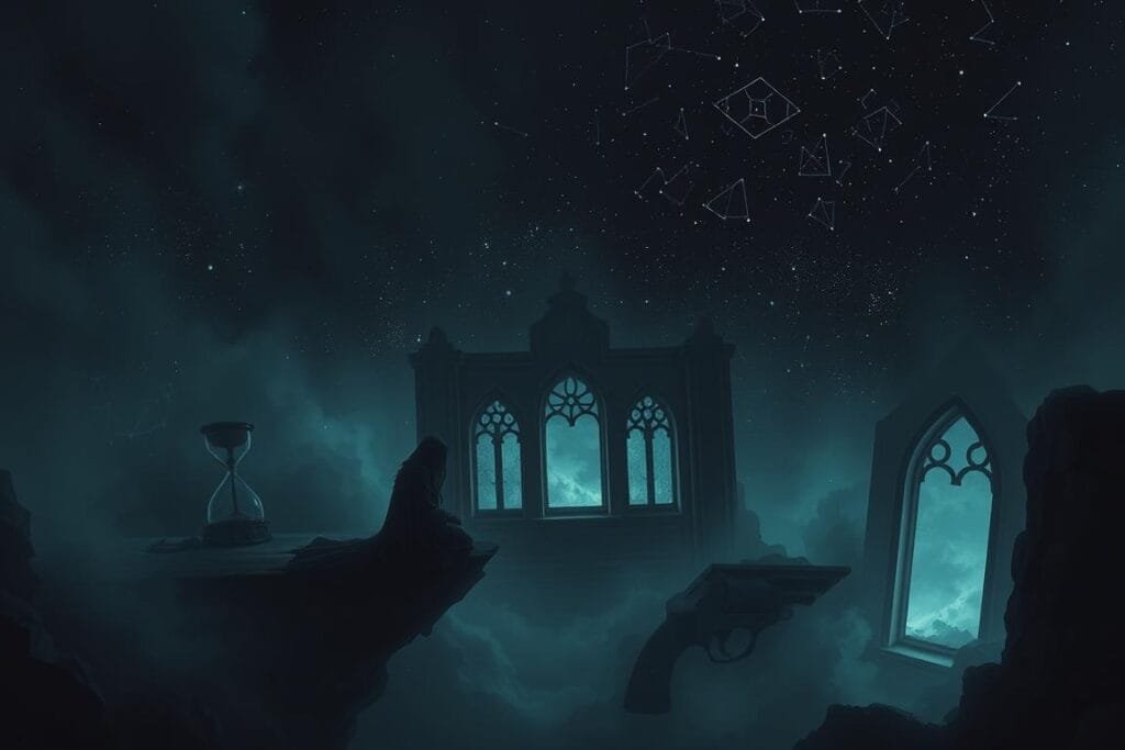 A dimly lit dreamscape, where the boundaries between reality and fantasy blur. In the foreground, a figure sits on a floating platform, their face obscured by a shadowy veil. Surrounding them, a swirling miasma of symbols and arcane imagery: a broken hourglass, a revolver, a tattered map. The middle ground is a kaleidoscope of shifting perspectives, with fragmented windows offering glimpses into otherworldly realms. In the background, a starry night sky, its constellations forming esoteric patterns that seem to whisper secrets of the subconscious. Soft, muted lighting casts an ethereal glow, heightening the sense of mystery and unease. The overall mood is one of contemplation, as the viewer is drawn into the depths of the dreamworld.