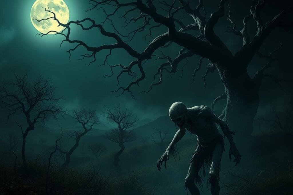 A dimly lit dreamscape, with a hazy, eerie glow illuminating the scene. In the foreground, a decaying, shambling figure emerges from the shadows, its vacant eyes and oozing wounds a stark contrast to the serene, moonlit landscape in the background. Twisted, gnarled trees loom overhead, their branches reaching out like bony fingers. The atmosphere is suffused with a sense of unease and the unsettling presence of the undead, inviting the viewer to ponder the deeper meaning behind this unsettling vision.