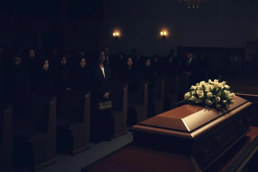 A dimly lit funeral home interior, with rows of wooden pews filled with somber mourners draped in black garments. Soft lighting casts shadows on the faces of the gathered, their expressions solemn and contemplative. In the foreground, a simple wooden casket adorned with delicate flowers, the centerpiece of this moment of collective grief. The atmosphere is heavy with a sense of reverence and quiet contemplation, as the attendees pay their respects to the departed. The scene is captured through a wide-angle lens, creating a sense of depth and enclosure, emphasizing the intimate and reflective nature of the funeral gathering.