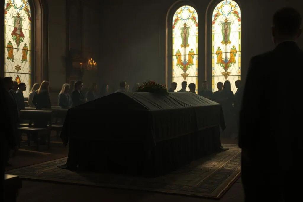 A dimly lit funeral parlor, the casket center stage, draped in a somber black cloth. Mourners gathered in the background, their faces cast in mournful shadow. Soft, warm lighting filters through stained glass windows, casting a melancholic glow. A lone individual, their features obscured, stands at the casket's edge, lost in contemplation. The atmosphere is thick with grief, the air heavy with the scent of fresh flowers. This is a dream funeral, a final farewell to the self, a symbolic journey through the mysteries of death and rebirth.