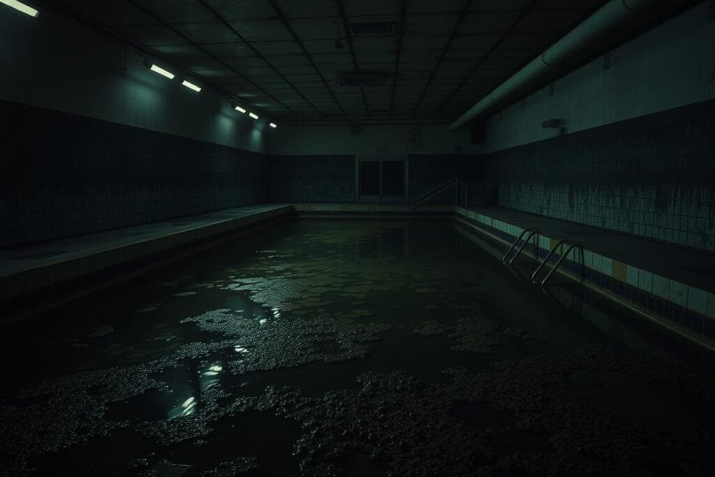 A dimly lit, grungy indoor swimming pool with a sense of neglect and unease. Murky, stagnant water reflects the flickering overhead lights, casting an eerie glow. Algae-covered tiles line the pool's edges, and a layer of dirt and debris floats on the surface. The air feels thick and heavy, with a musty, damp scent. Shadows creep along the walls, hinting at a darker, unsettling presence. The mood is one of discomfort and unease, suggesting a dream that reflects feelings of being trapped, isolated, or overwhelmed.