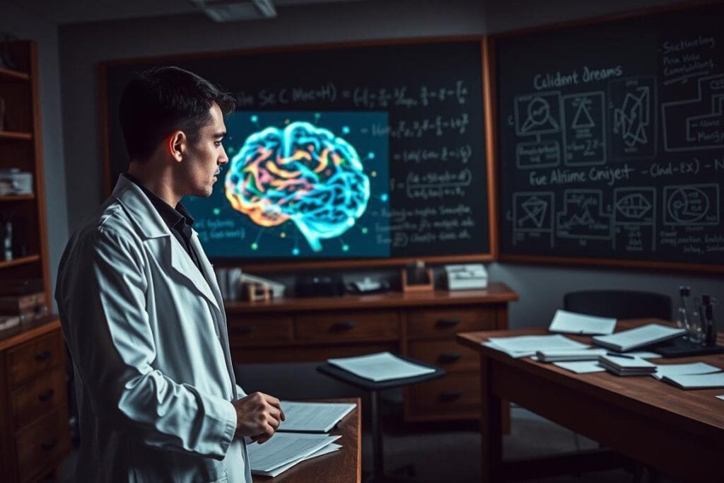 A dimly lit laboratory with scientific equipment and papers scattered across an oak desk. In the foreground, a scientist in a white lab coat gazes intently at a holographic display depicting colorful neural activity. The background features a large chalkboard with equations and diagrams related to the science of dreams and the subconscious mind. Soft, diffused lighting creates an atmosphere of focused contemplation, with shadows casting a sense of mystery and intrigue around the scene. The overall mood is one of scientific inquiry and the pursuit of understanding the hidden complexities of the human psyche, particularly as it relates to the phenomenon of celebrity dreams.