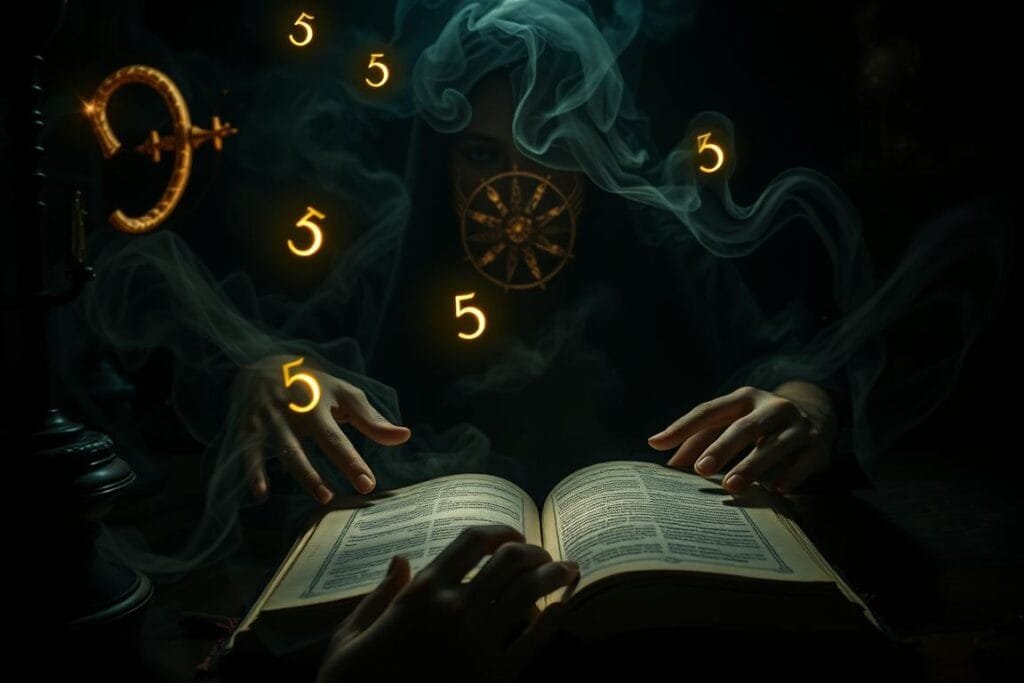 A dimly lit, mystical dreamscape with a central figure poring over a tome of esoteric knowledge. Glowing numbers and symbols float amidst swirling mists, casting an eerie, otherworldly glow. In the foreground, hands delicately trace the pages, searching for hidden meanings. The background is shrouded in deep shadows, with hints of arcane artifacts and occult imagery. Soft, moody lighting casts dramatic chiaroscuro shadows, evoking a sense of introspection and the exploration of the subconscious. The overall atmosphere is one of contemplation, wisdom, and the enigmatic nature of dream interpretation.