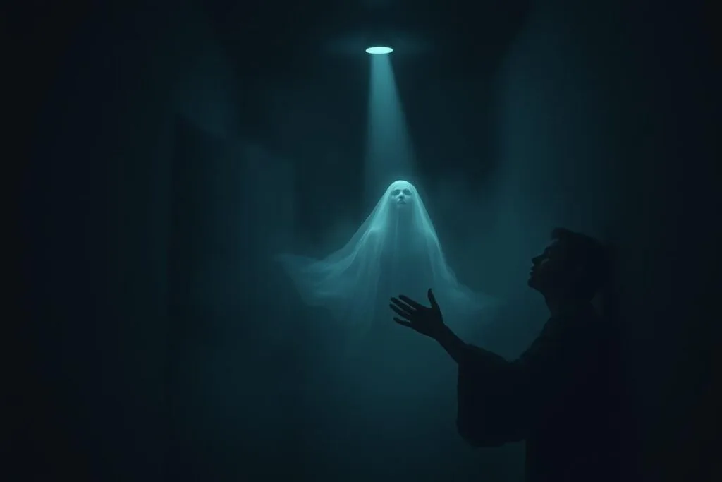 A dimly lit room, haunted by the lingering presence of bygone memories. A ghostly figure, once a dear friend, emerges from the shadows, their features obscured by a hazy veil. The air is thick with a bittersweet melancholy, as the dreamer reaches out, longing to reconnect with a cherished soul now lost to the world. Soft, muted colors create an atmosphere of wistful nostalgia, while a single beam of light cuts through the gloom, illuminating the scene with a sense of yearning and uncertainty. The dreamer's expression is a mix of joy, sorrow, and the profound realization that the reunion is but a fleeting moment in the realm of dreams.