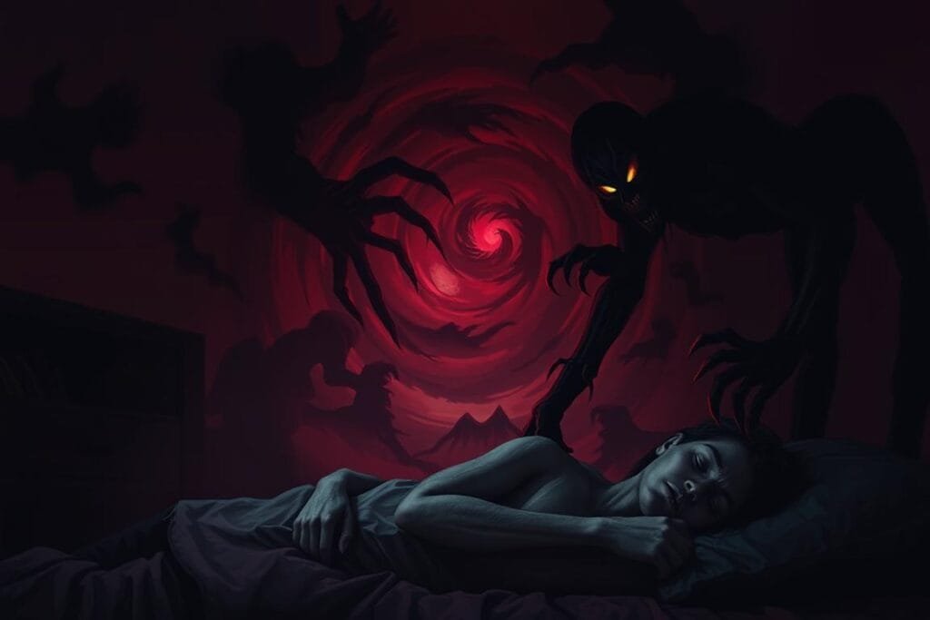 A dimly lit room, shadows creeping on the walls. In the foreground, a figure with glowing eyes and sharp talons looms over a sleeping person, their face contorted in terror. In the middle ground, a swirling vortex of twisted, nightmarish shapes - disembodied hands, gaping maws, and fractured landscapes. The background is a haze of deep reds and purples, a sense of unease and dread permeating the scene. Eerie, low-key lighting casts an unsettling glow, creating a sense of foreboding and the unknown. The overall atmosphere is one of a haunting, visceral nightmare come to life.