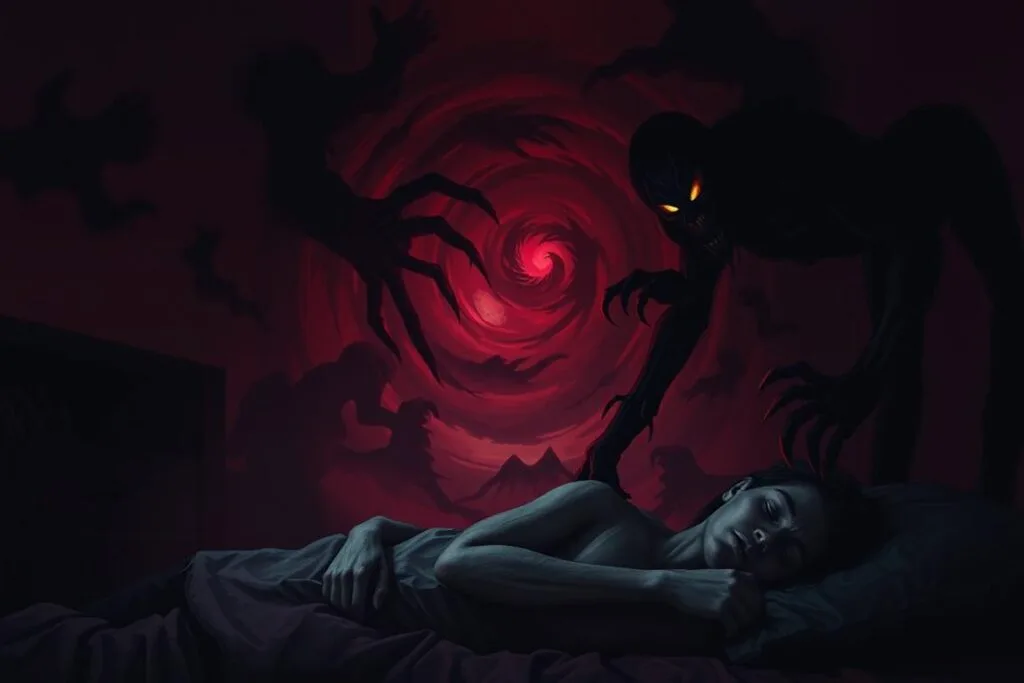A dimly lit room, shadows creeping on the walls. In the foreground, a figure with glowing eyes and sharp talons looms over a sleeping person, their face contorted in terror. In the middle ground, a swirling vortex of twisted, nightmarish shapes - disembodied hands, gaping maws, and fractured landscapes. The background is a haze of deep reds and purples, a sense of unease and dread permeating the scene. Eerie, low-key lighting casts an unsettling glow, creating a sense of foreboding and the unknown. The overall atmosphere is one of a haunting, visceral nightmare come to life. A dimly lit room, shadows creeping on the walls. In the foreground, a figure with glowing eyes and sharp talons looms over a sleeping person, their face contorted in terror. In the middle ground, a swirling vortex of twisted, nightmarish shapes - disembodied hands, gaping maws, and fractured landscapes. The background is a haze of deep reds and purples, a sense of unease and dread permeating the scene. Eerie, low-key lighting casts an unsettling glow, creating a sense of foreboding and the unknown. The overall atmosphere is one of a haunting, visceral nightmare come to life.