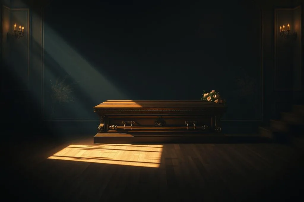 A dimly lit room, the air thick with a sense of foreboding. In the center, a grand, ornate coffin stands, its polished wood gleaming in the soft, warm light. Delicate floral arrangements adorn the sides, a subtle nod to the solemnity of the moment. Shadows cast long, eerie patterns across the floor, hinting at the deeper, more symbolic meaning of the coffin. The scene is imbued with a sense of contemplation, inviting the viewer to ponder the significance of this mysterious and profound symbol of transition and transformation. A dimly lit room, the air thick with a sense of foreboding. In the center, a grand, ornate coffin stands, its polished wood gleaming in the soft, warm light. Delicate floral arrangements adorn the sides, a subtle nod to the solemnity of the moment. Shadows cast long, eerie patterns across the floor, hinting at the deeper, more symbolic meaning of the coffin. The scene is imbued with a sense of contemplation, inviting the viewer to ponder the significance of this mysterious and profound symbol of transition and transformation.