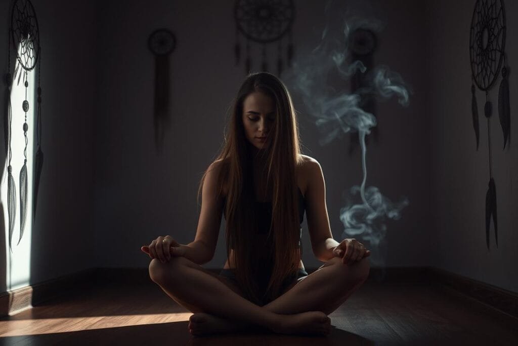 A dimly lit room, the walls adorned with dreamcatcher motifs and mystical symbols. In the center, a serene woman sits cross-legged, her hands gently grasping strands of falling hair. The lighting, soft and moody, casts shadows that dance across her face, conveying a sense of contemplation and introspection. In the background, ethereal wisps of smoke curl upwards, hinting at the spiritual nature of the scene. The overall atmosphere is one of introspection and self-discovery, as the woman ponders the deeper meaning behind her hair loss dream.