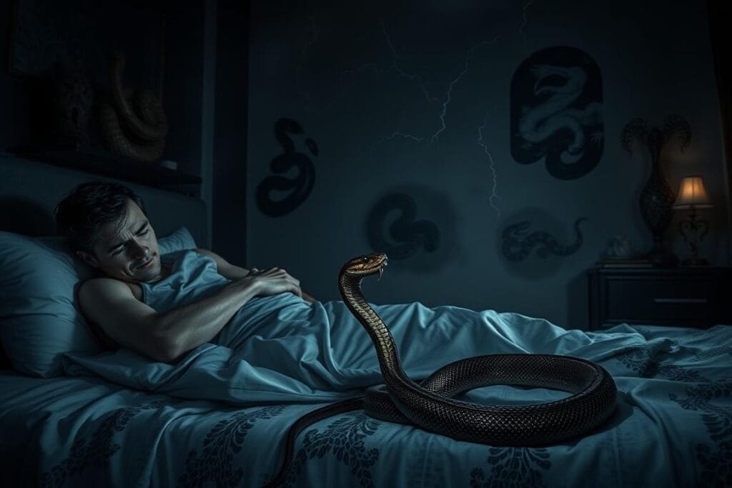 A dimly lit room, with shadows creeping across the walls. In the foreground, a person tossing and turning in their sleep, beads of sweat on their brow. Coiled around their leg, a menacing snake, its fangs bared, ready to strike. The middle ground features various snake-themed imagery, such as faded snake skin patterns on the bedsheets and a wall-mounted snake sculpture casting ominous shadows. The background is hazy, with a sense of unease and foreboding, perhaps a thunderstorm raging outside or a flickering lamp casting an unsettling glow. The overall atmosphere is one of tension, fear, and the uneasy feeling of being trapped in a nightmarish scenario.