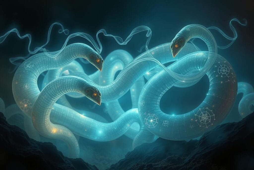 A dimly lit spiritual realm, where ethereal wisps of energy coalesce into the form of ancient, undulating worms. The creatures slither through a landscape of otherworldly hues, their movements evoking the mysteries of the subconscious. Celestial patterns and symbols dance across their iridescent forms, reflecting the deep cultural significance of dreams and their interconnectedness with the natural world. The scene is bathed in a soft, mystical glow, inviting the viewer to explore the multifaceted symbolism and interpretations of worm-related visions.