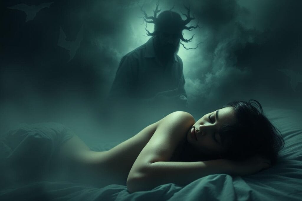A dimly lit, surreal dreamscape. In the foreground, a figure is curled up, eyes closed, consumed by waves of anxiety. Nested within their mind, a secondary dream unfolds - a shadowy figure looming overhead, its features obscured, exuding a sense of oppressive dread. The background is hazy, with fragments of disjointed memories and subconscious imagery swirling in the periphery. Soft, muted colors and a muted, atmospheric lighting create a sense of unease and disorientation. The overall composition conveys the disquieting experience of a dream within a dream, where the boundaries between reality and the subconscious become blurred.