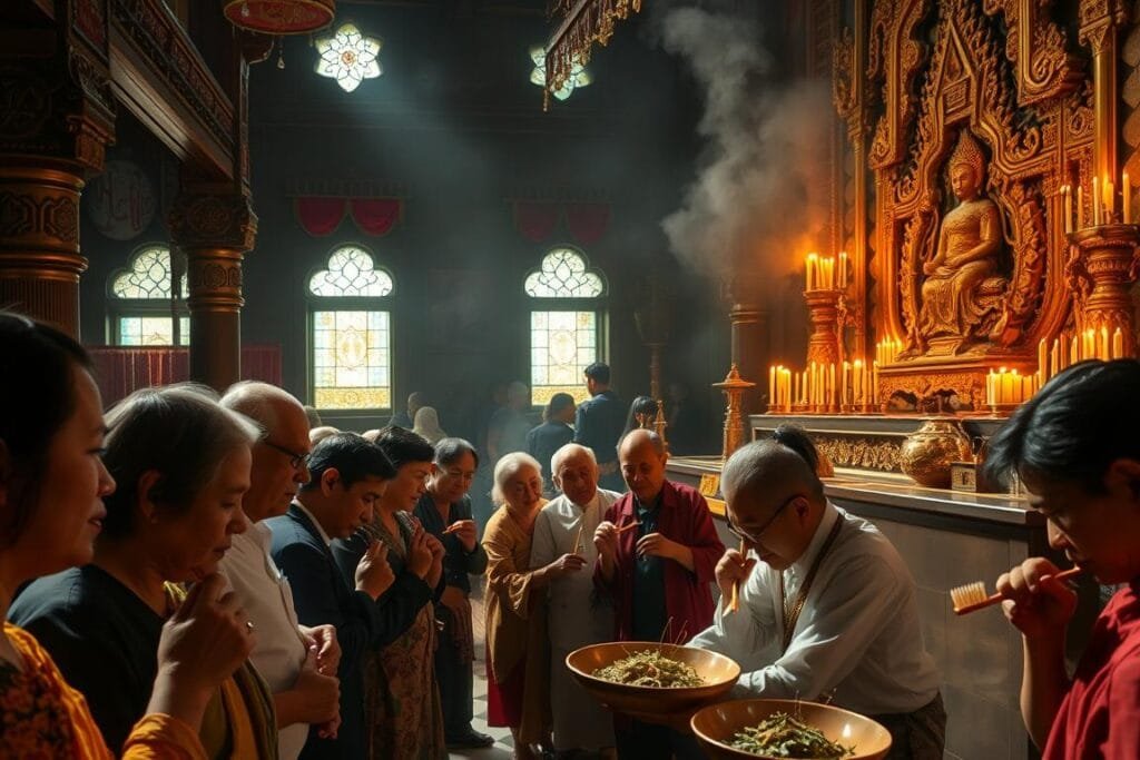 A dimly lit temple interior, ornate with intricate carvings and colorful tapestries. In the foreground, a group of people engaged in a ritual cleansing ceremony, meticulously brushing their teeth with traditional wooden toothbrushes. The air is thick with the scent of fragrant herbs and incense, creating a reverent atmosphere. In the middle ground, elders offer guidance and wisdom, passing down the cultural significance of oral hygiene. The background features a large, ornate altar adorned with candles, offering bowls, and sacred symbols, illuminating the spiritual dimension of this practice. Soft, golden lighting filters through stained glass windows, imbuing the scene with a sense of timelessness and mysticism.