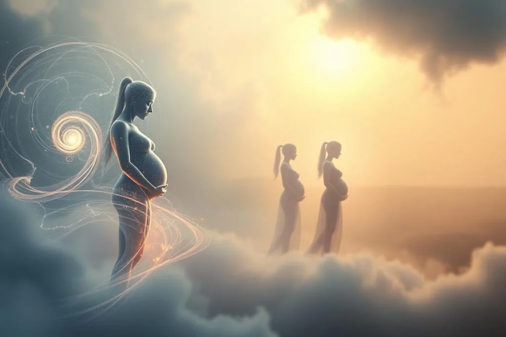A dreamlike depiction of the stages of pregnancy, captured in a series of ethereal visions. In the foreground, a glowing, ethereal figure represents the initial conception, surrounded by swirling cosmic energies. In the middle ground, the figure grows and transforms, its form shifting and undulating to represent the various trimesters. In the background, a soft, hazy landscape unfolds, suggesting the passage of time and the journey of pregnancy. The lighting is soft and diffuse, creating a serene, contemplative atmosphere. The overall composition conveys the profound and mystical experience of the human body's transformation during this significant life event. A dreamlike depiction of the stages of pregnancy, captured in a series of ethereal visions. In the foreground, a glowing, ethereal figure represents the initial conception, surrounded by swirling cosmic energies. In the middle ground, the figure grows and transforms, its form shifting and undulating to represent the various trimesters. In the background, a soft, hazy landscape unfolds, suggesting the passage of time and the journey of pregnancy. The lighting is soft and diffuse, creating a serene, contemplative atmosphere. The overall composition conveys the profound and mystical experience of the human body's transformation during this significant life event.