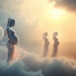 A dreamlike depiction of the stages of pregnancy, captured in a series of ethereal visions. In the foreground, a glowing, ethereal figure represents the initial conception, surrounded by swirling cosmic energies. In the middle ground, the figure grows and transforms, its form shifting and undulating to represent the various trimesters. In the background, a soft, hazy landscape unfolds, suggesting the passage of time and the journey of pregnancy. The lighting is soft and diffuse, creating a serene, contemplative atmosphere. The overall composition conveys the profound and mystical experience of the human body's transformation during this significant life event.