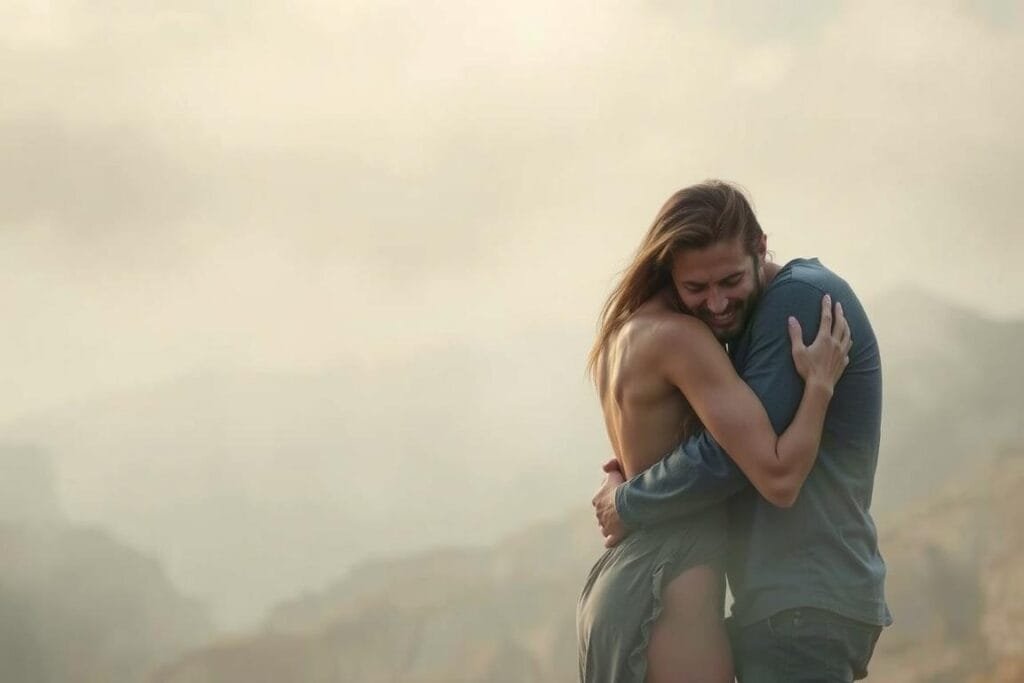 A dreamlike, hazy landscape with a couple embracing in the foreground, their expressions conflicted and guilty. The background is blurred, with soft, muted colors, conveying a sense of unease and emotional tension. Diffused lighting creates an intimate, introspective atmosphere. The couple's bodies are twisted, their movements caught in a moment of hesitation, as if they are torn between desire and guilt. The scene evokes the turmoil and uncertainty of a dream about betraying one's partner.
